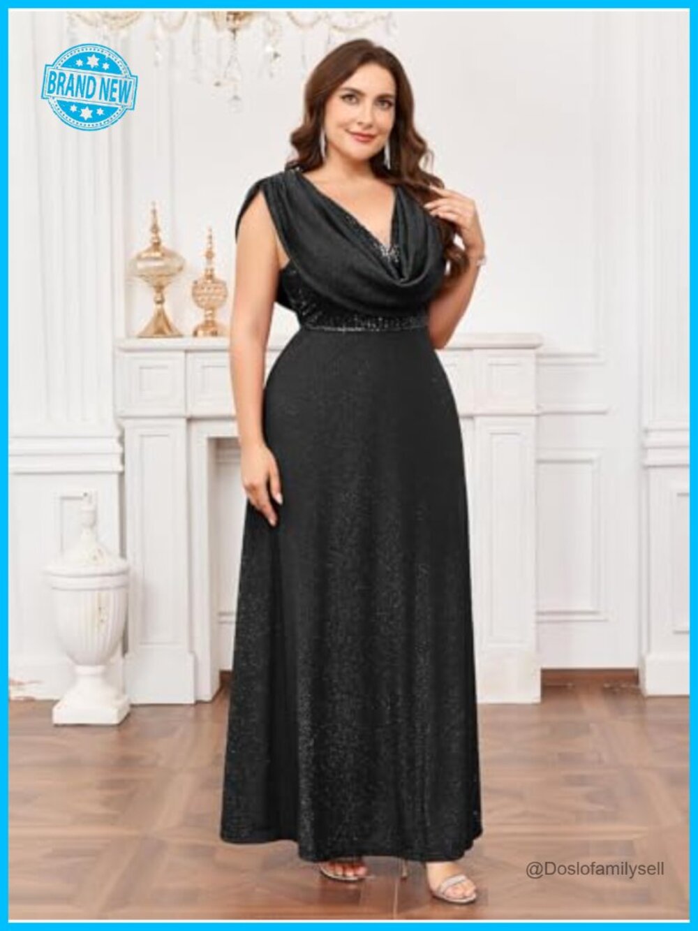 Plus Size Sequin Maxi Dress Cowl Neck Sleeveless Formal Prom Gown - Picture 3 of 6